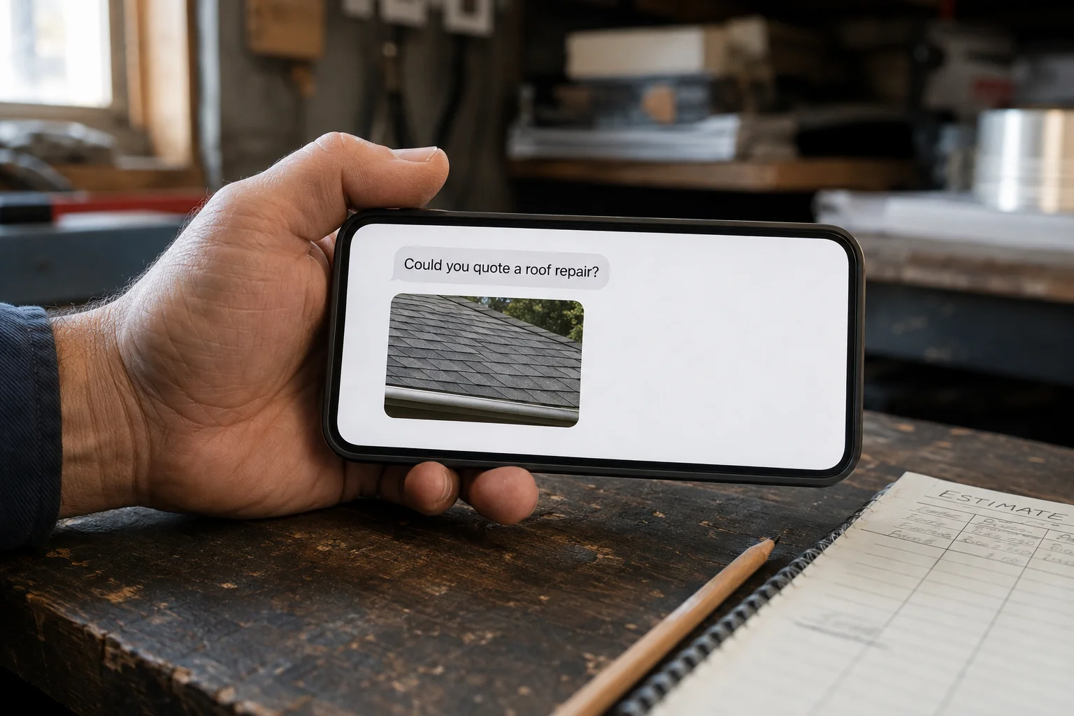 A customer quote request beside a roof photograph