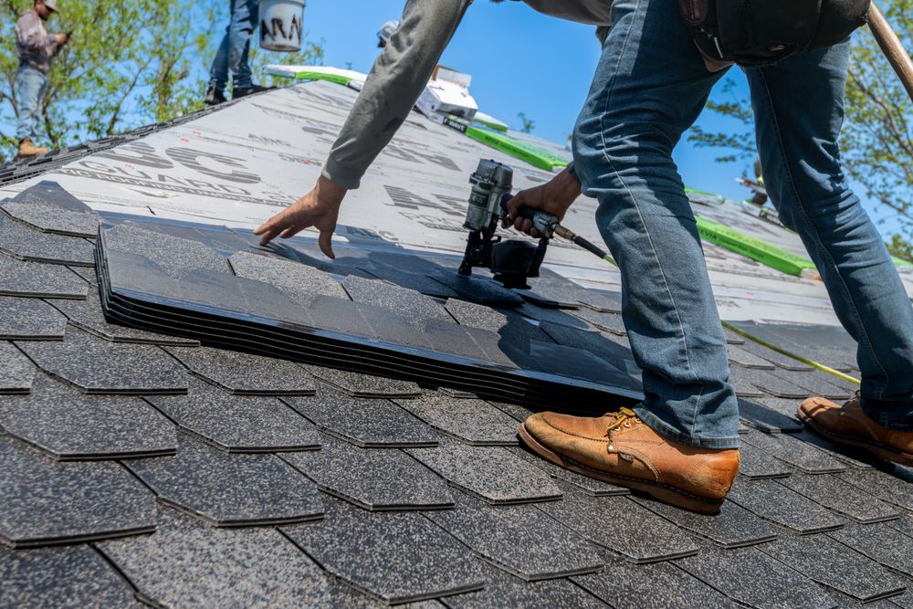 A roofer nailing down architectural shingles over fresh underlayment