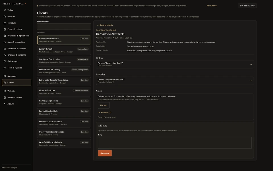 Fire by Johnson Harborview Architects client record with event history and operational notes.