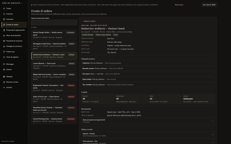 Fire by Johnson Harborview Architects event record with separate planned, guaranteed, final and served counts.