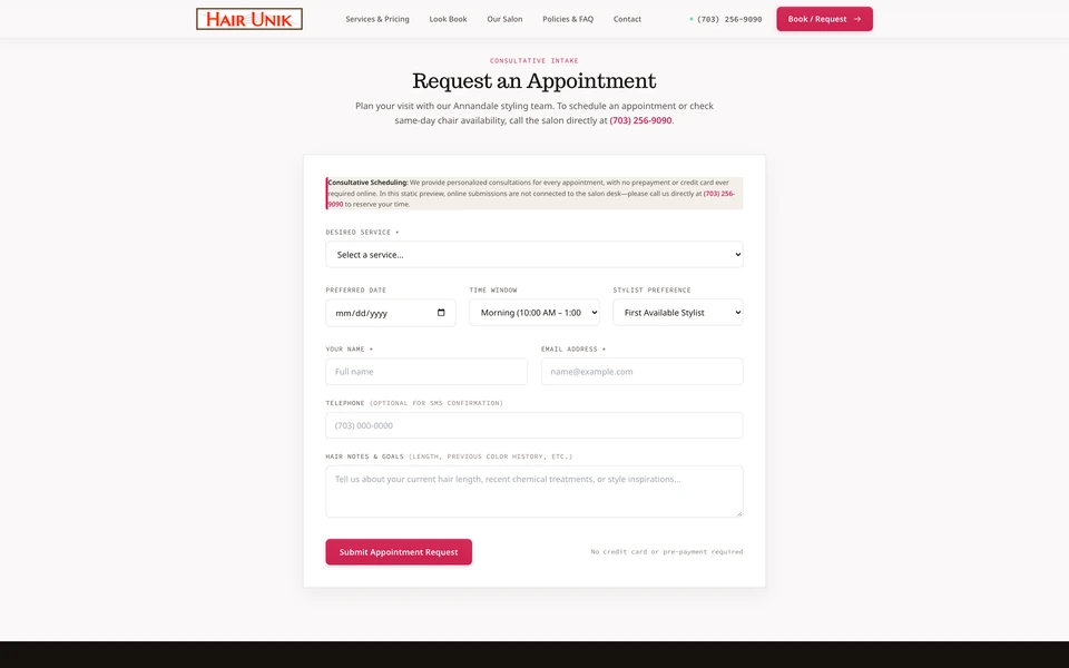 Hair Unik appointment request form with service, date, time, stylist preference and hair-goal fields.