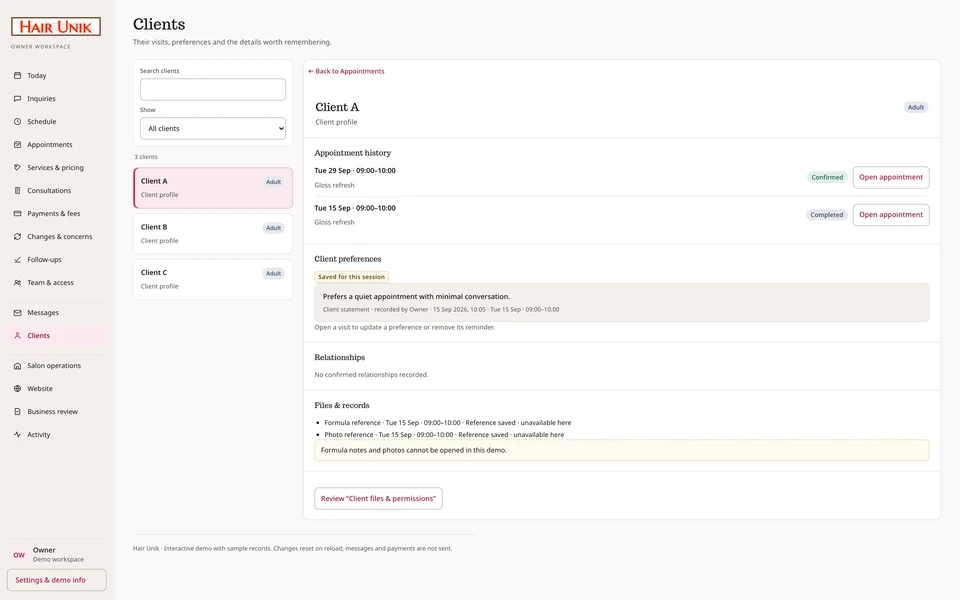 Hair Unik sample Client A record with a sourced quiet-appointment preference and appointment history.