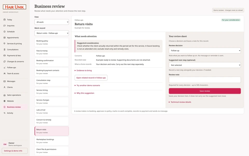 Hair Unik sample Business review showing a work record, evidence and a human decision form.