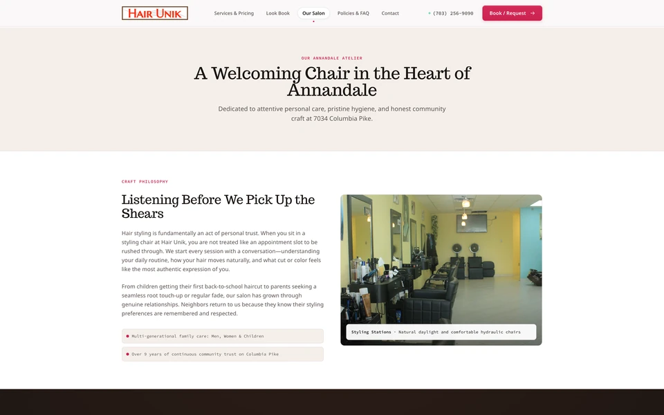 Hair Unik salon page with styling-station photography and an introduction to its approach to personal care.