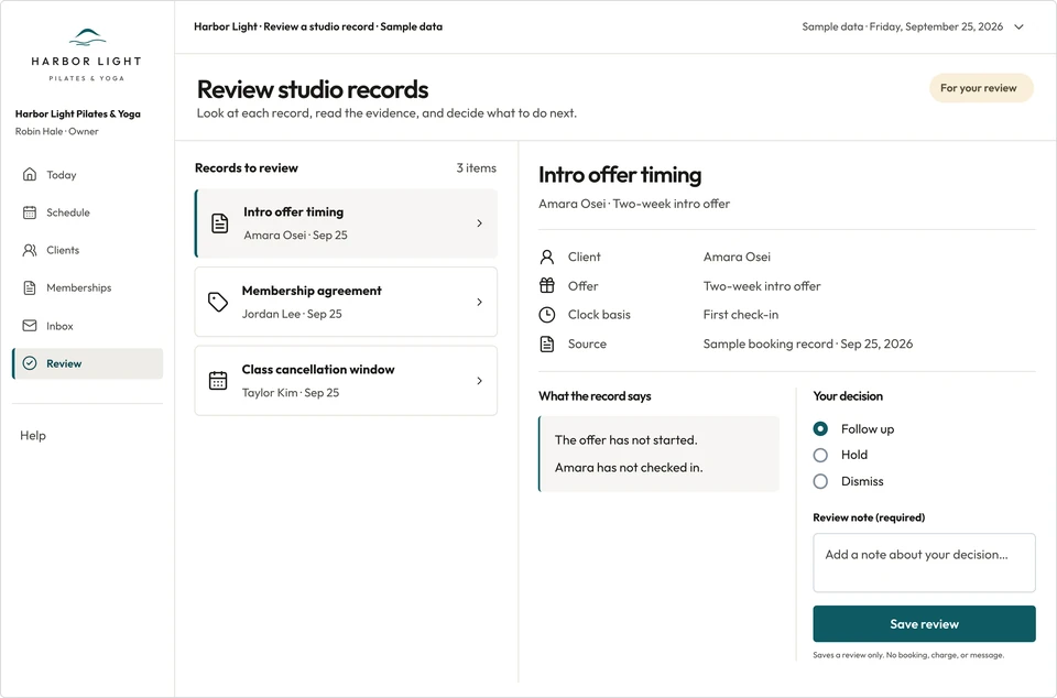 Harbor Light branded review screen showing Amara’s intro-offer timing, source booking record and human decision with a required note.