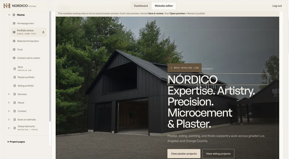Nórdico visual website editor with page navigation and a selected headline on the homepage canvas.