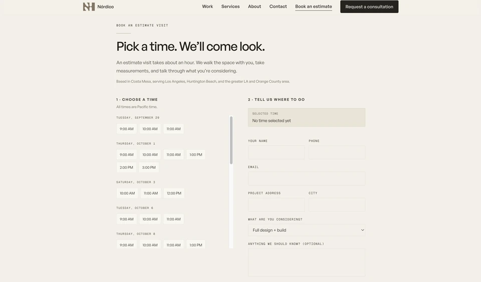 Nórdico estimate booking page with available times and fields for contact details, project location and scope.