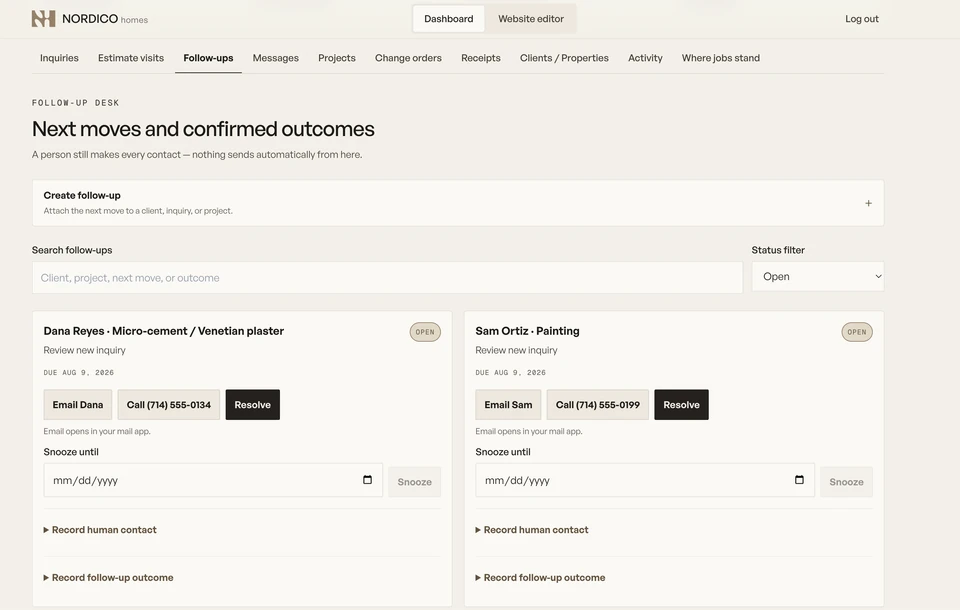 Nórdico follow-up desk showing next moves, due dates and controls to record human contact and outcomes.