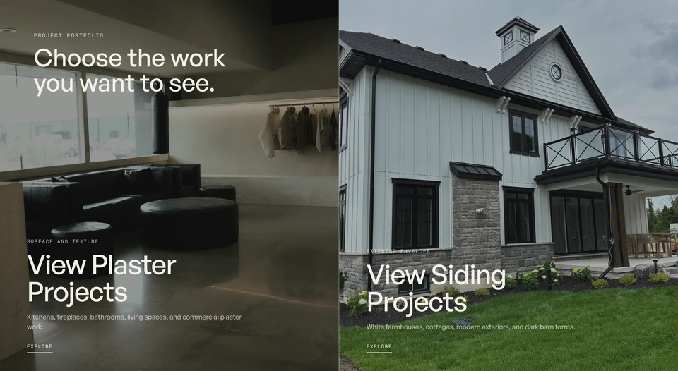 Nórdico split portfolio showing plaster interiors beside a white farmhouse exterior.