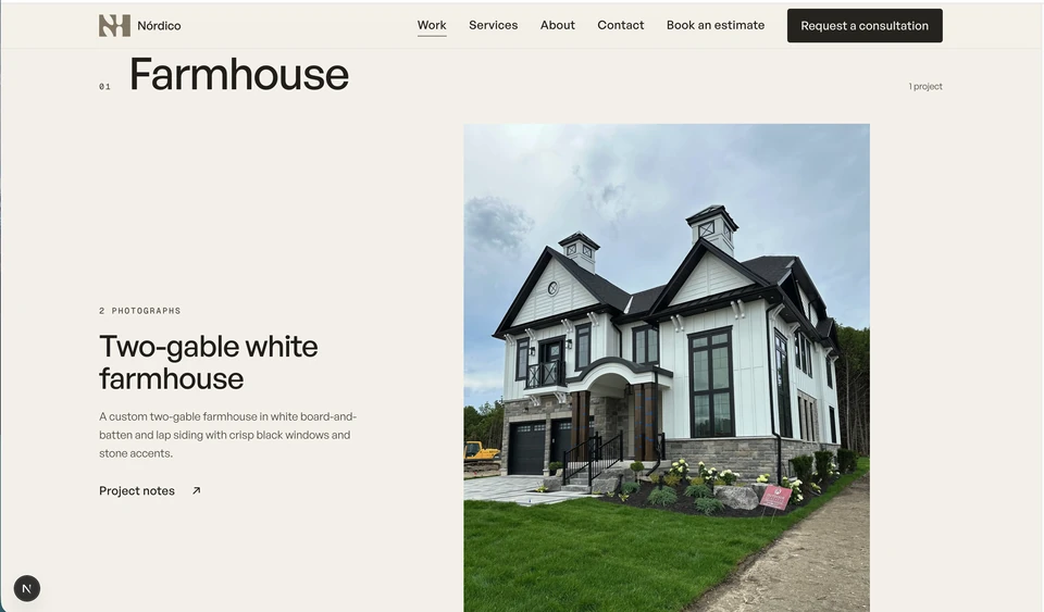 Nórdico farmhouse project page with large photography and details about siding, windows and stone accents.