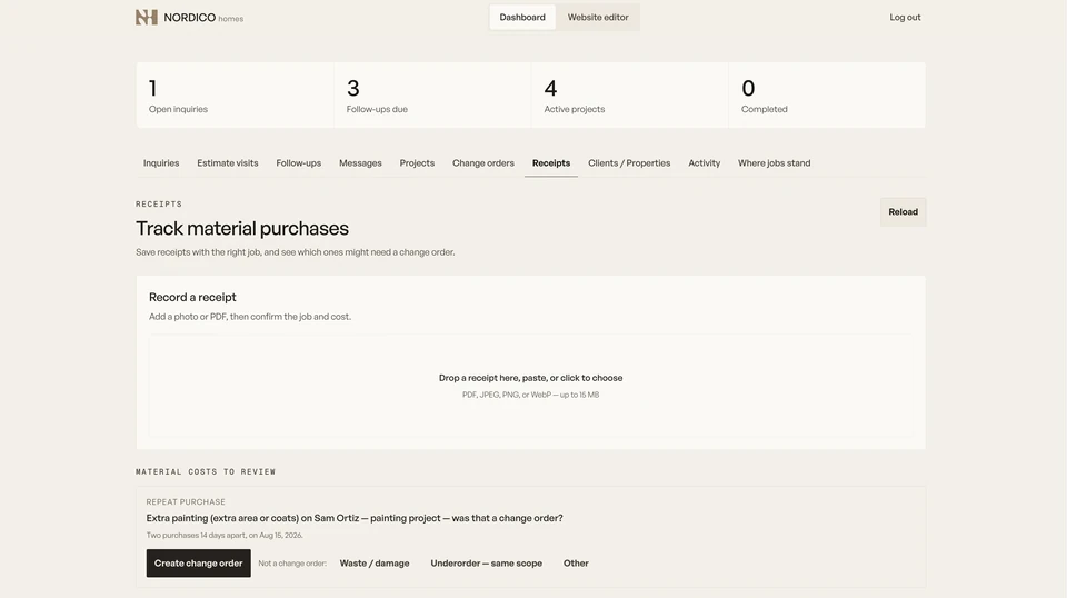 Nórdico receipts workspace with material purchase upload and a repeated-purchase prompt for human review.