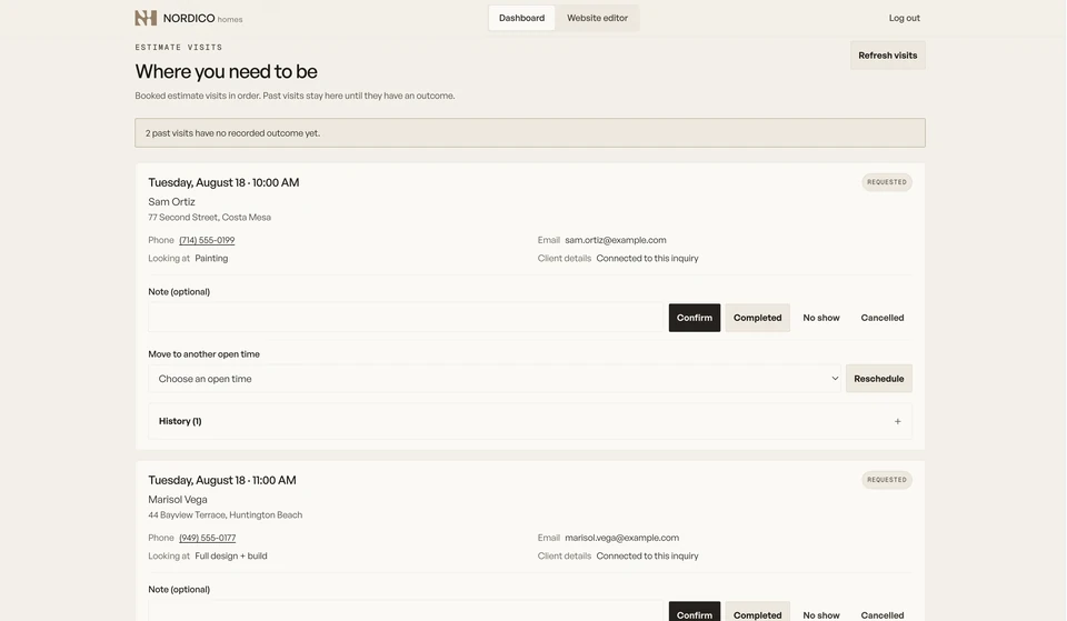 Nórdico estimate visits dashboard showing an inquiry-linked visit, outcome controls, rescheduling and history.